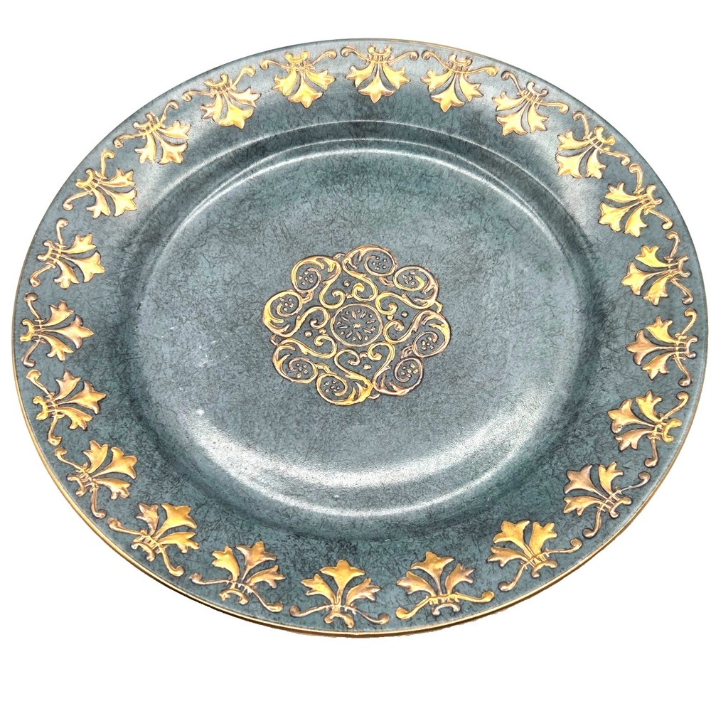 Toyo Vintage Charger Plate Hand Painted Golden Jade Green Ceramic‎ Porcelain 10"